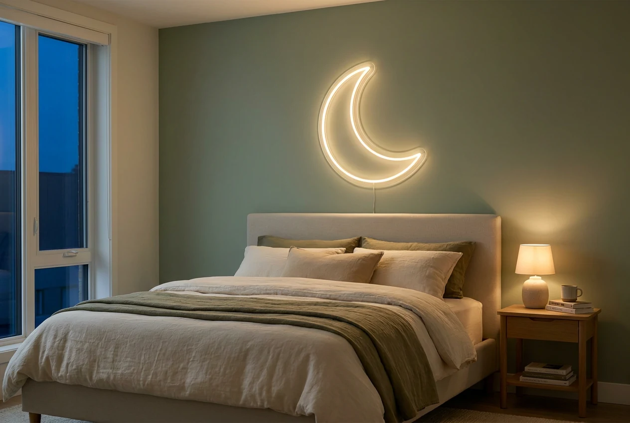 Warm white crescent moon LED neon on a sage green bedroom wall