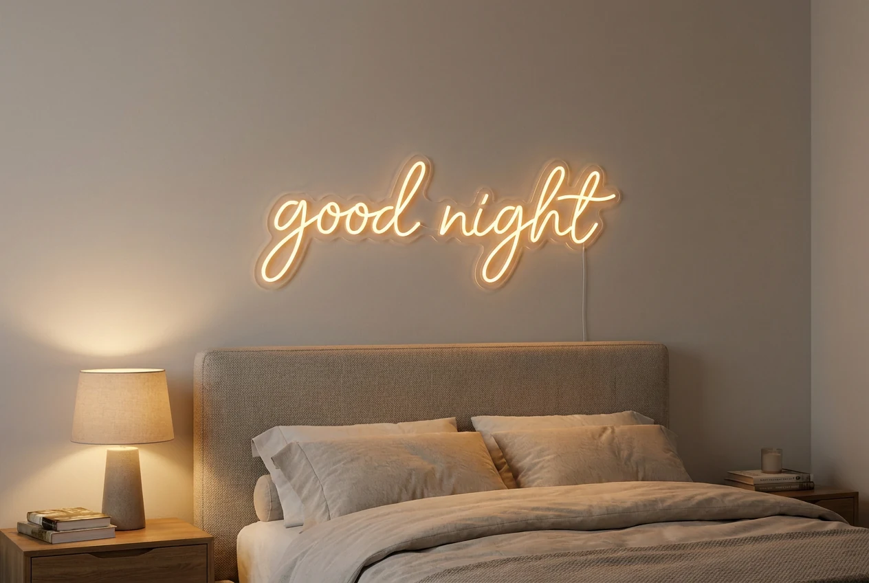 Amber good night LED neon above an upholstered bedroom headboard
