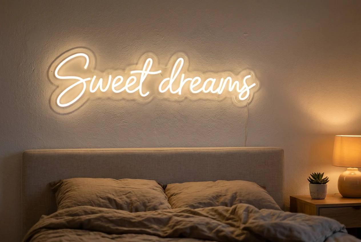 Sweet dreams LED neon sign above a cozy bedroom headboard