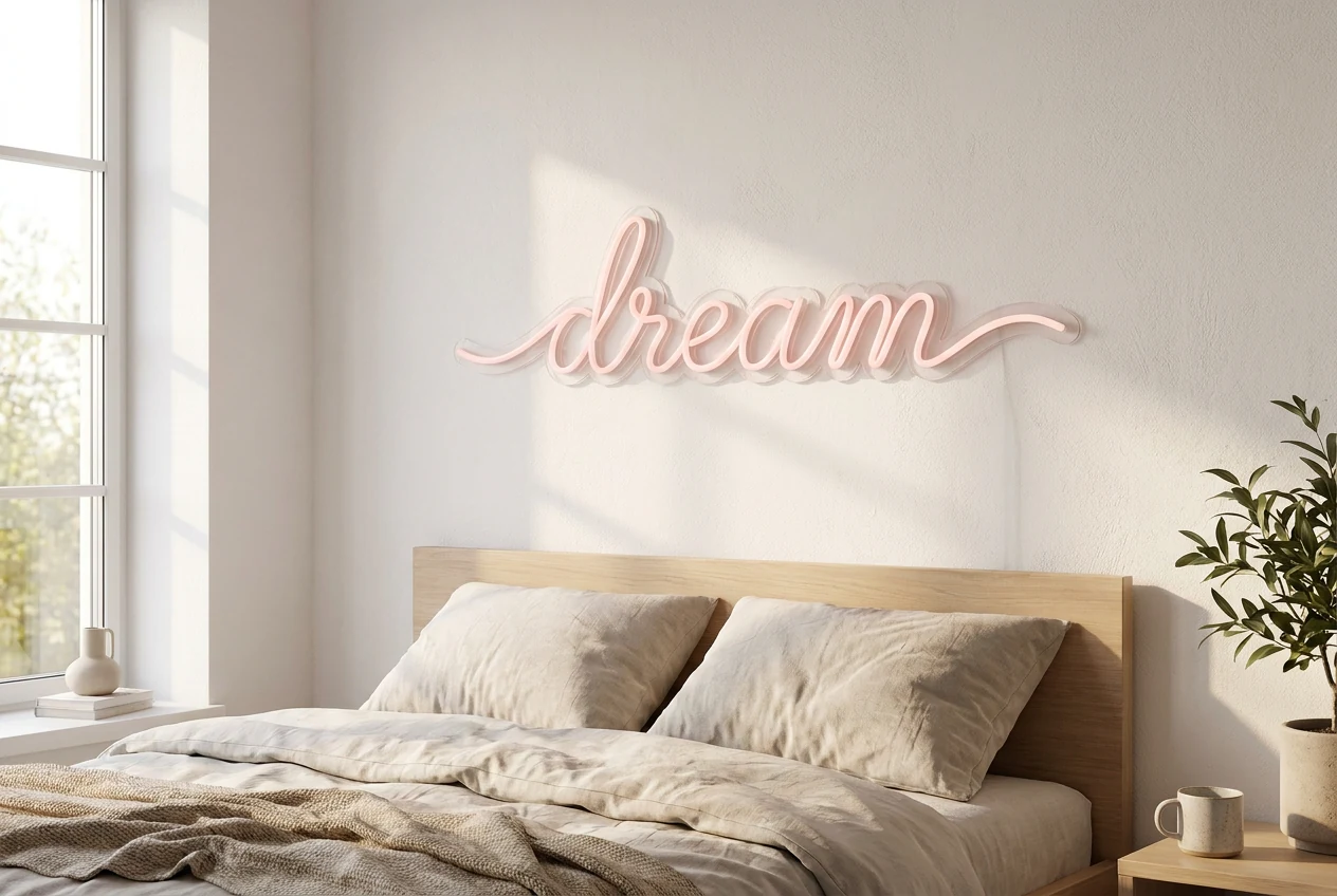 Pink dream LED neon sign above a Scandinavian bedroom bed
