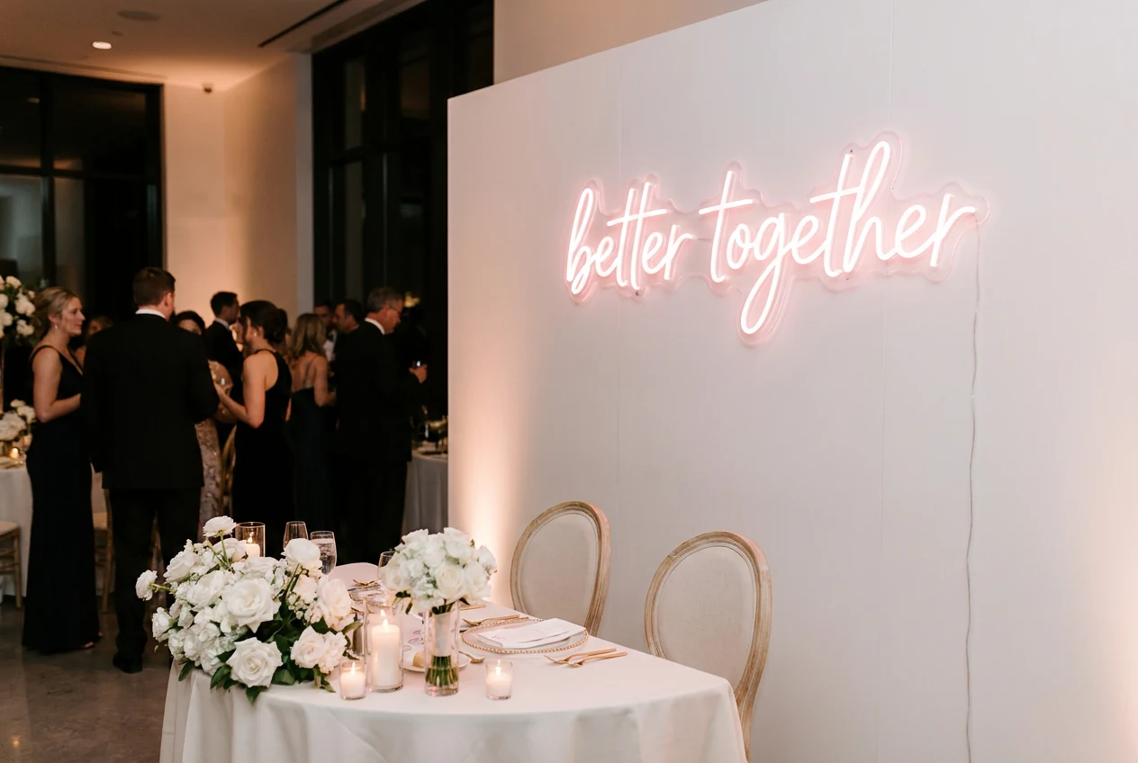 Rosafarbenes better together LED Neonschild hinter dem Brauttisch