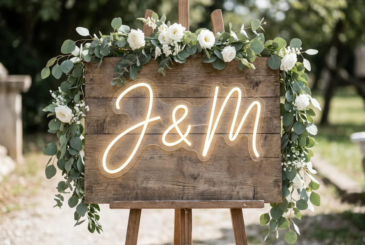 Neonschild Initialen J und M auf einer Holztafel am Hochzeitseingang