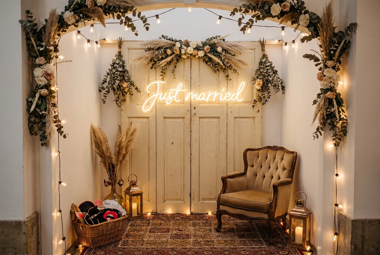 Just married LED Neonschild in einer Hochzeits-Fotobox