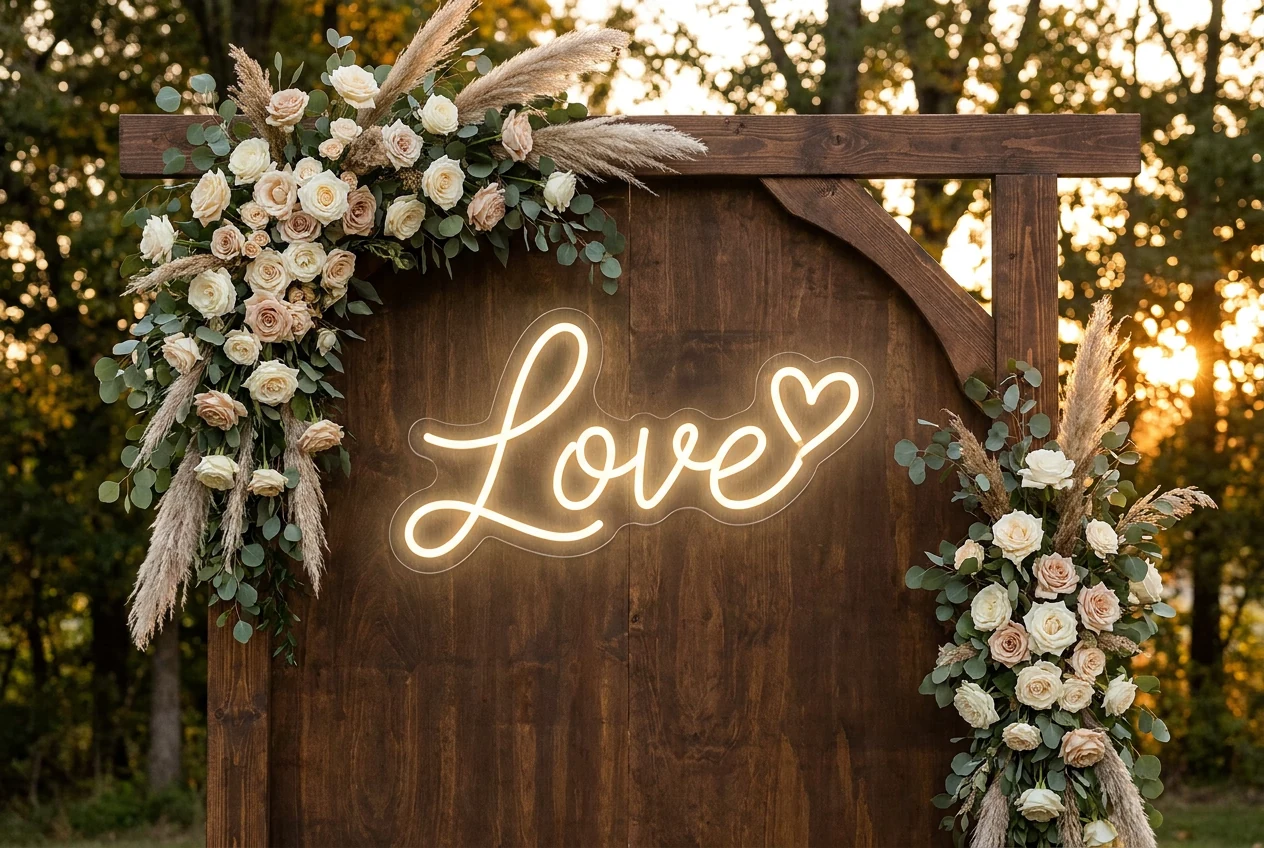 Love LED Neonschild auf einem floralen Hochzeitsbogen
