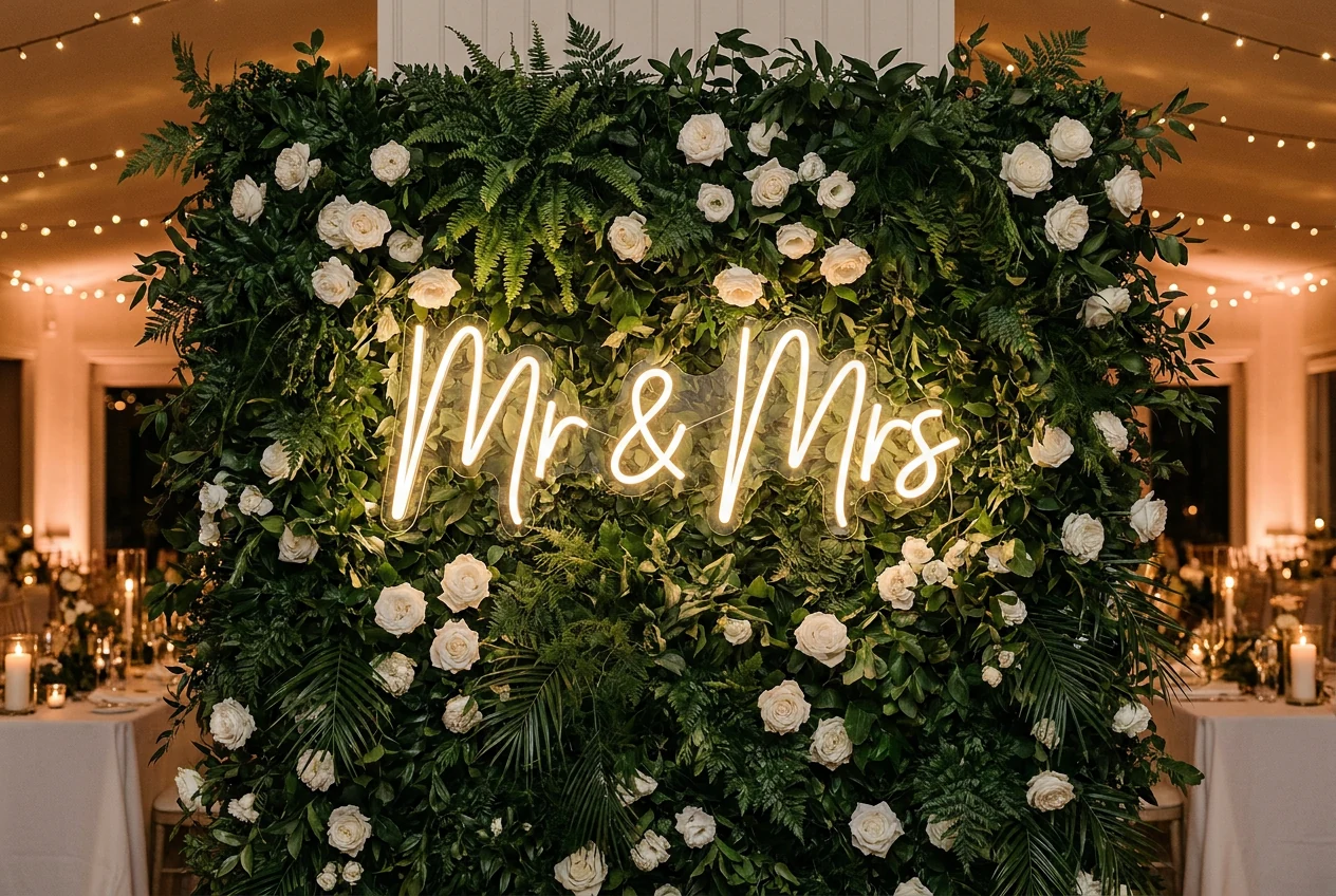 Mr & Mrs LED Neonschild auf einer Blumenwand bei der Hochzeit