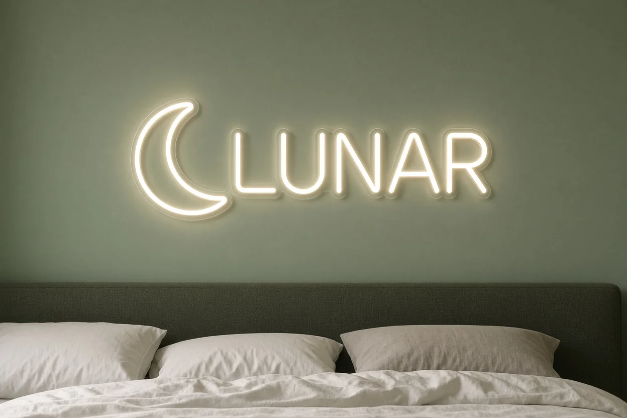 Varmvit månskära och LUNAR LED-neon i silikon på grön vägg ovanför sänggavel