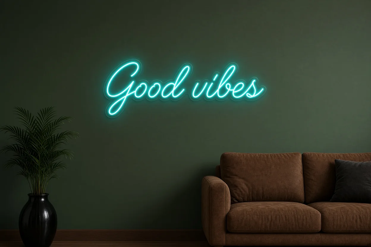 Turkusowy neon LED Good vibes na ciemnozielonej ścianie obok palmy i brązowej sofy