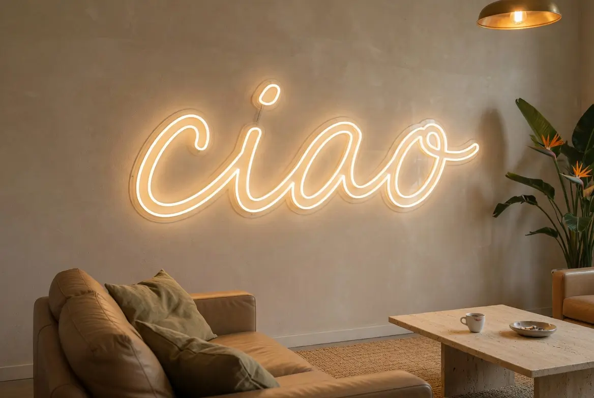 Scritta neon LED Ciao installata su parete beige in un soggiorno milanese di sera, esempio di risultato finale Helioneon