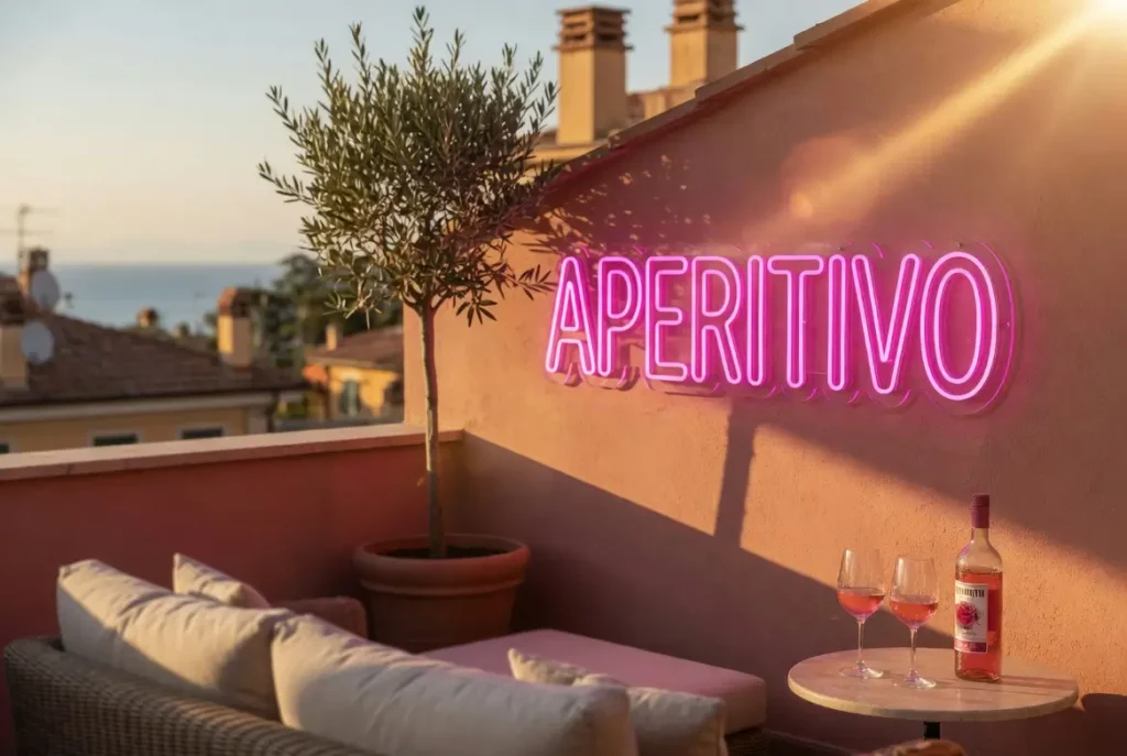 Néon extérieur rose résistant UV Aperitivo sur mur stuc terrasse rooftop méditerranéenne plein soleil été

