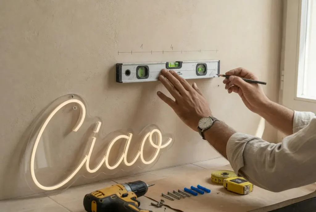 Come installare una scritta neon a muro: mani con livella a bolla e matita che segnano i fori di fissaggio sulla parete