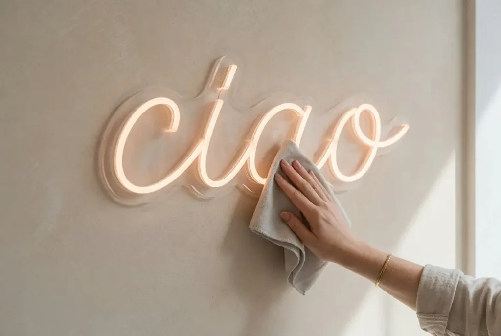 Manutenzione di una scritta neon LED a muro con panno in microfibra, pulizia delicata del tubo silicone Helioneon