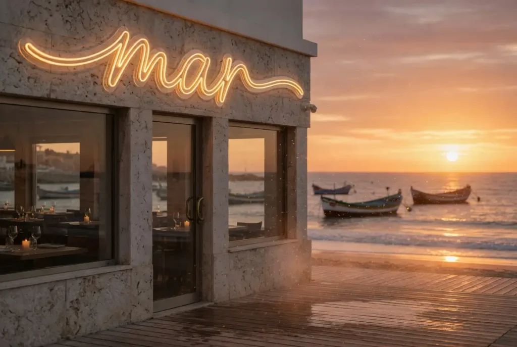 Letreiro neon LED de exterior com grau IP67 num restaurante à beira-mar em Cascais ao pôr do sol, instalação Helioneon resistente ao salitre