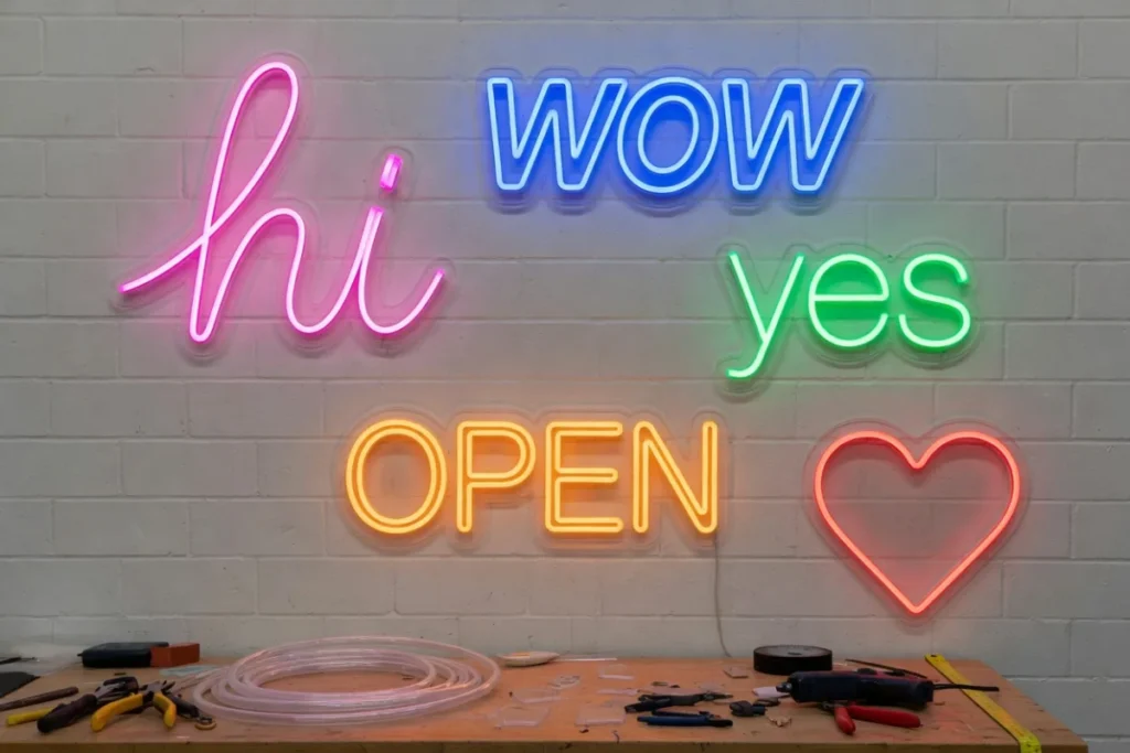 Parete di laboratorio con diversi piccoli neon LED di parole e forme