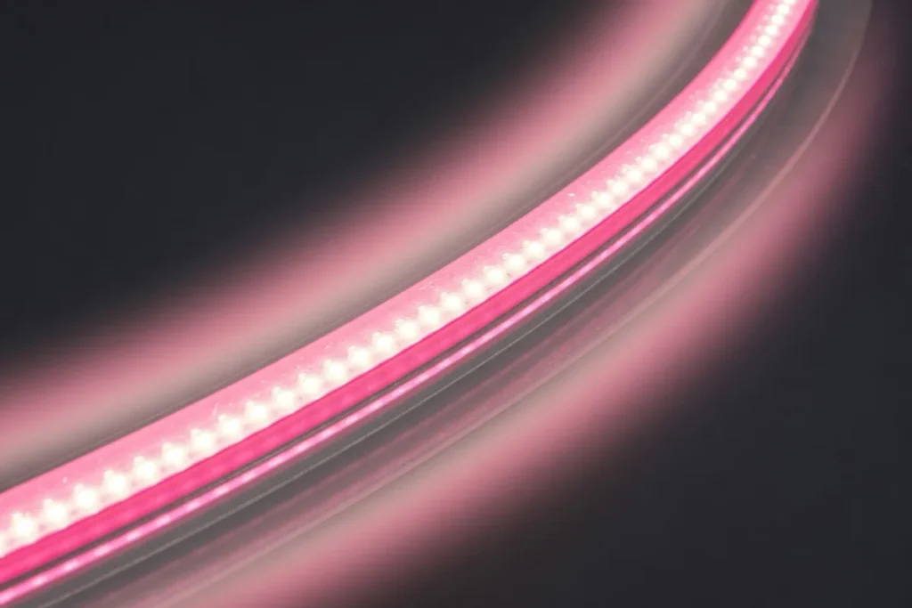 Macro d'un tube néon LED : cœur blanc chaud et halo lumineux