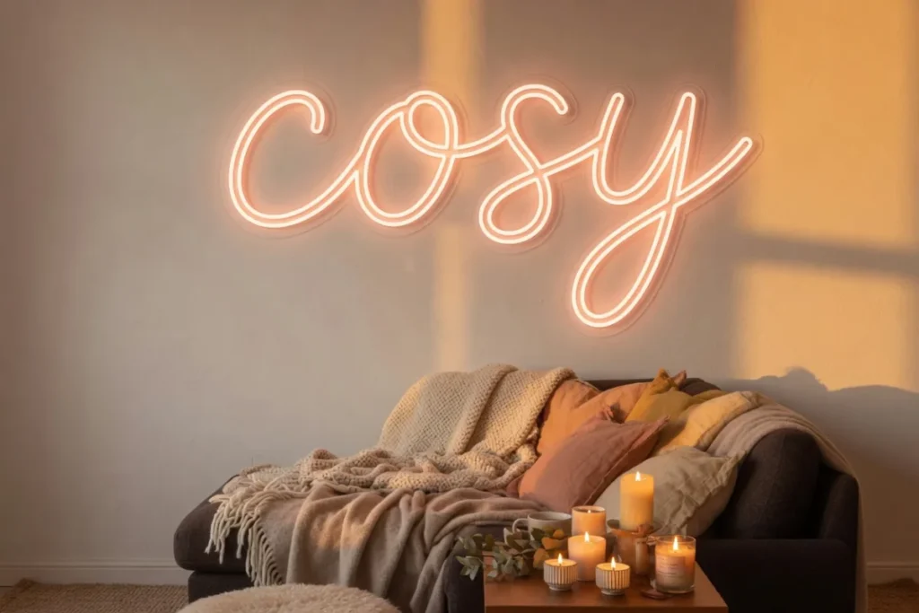 Varmvit cosy LED-neon i ett mysigt vardagsrum