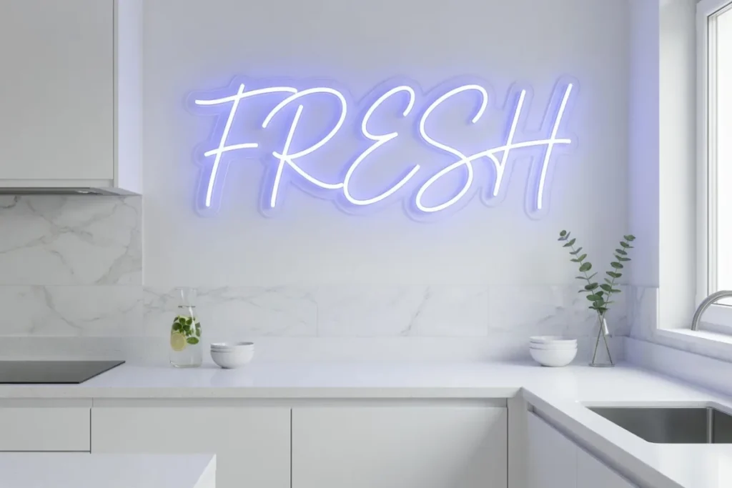 Kallvit blixt-LED-neon i ett modernt kök