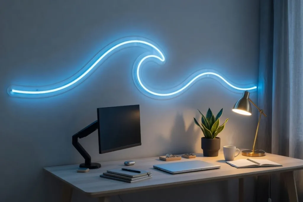 Lugnande blå våg-LED-neon ovanför ett skrivbord
