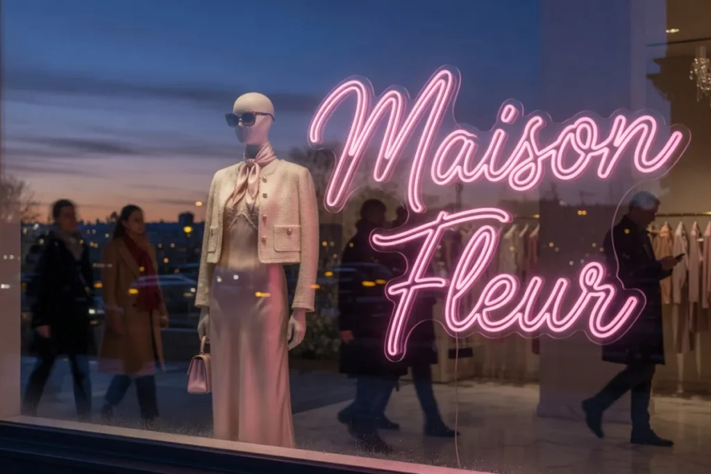 Néon LED script rose élégant en vitrine de boutique de mode