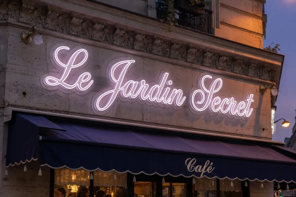 Parisisk kafefasade med varmhvit LED-neon i skjønnskrift