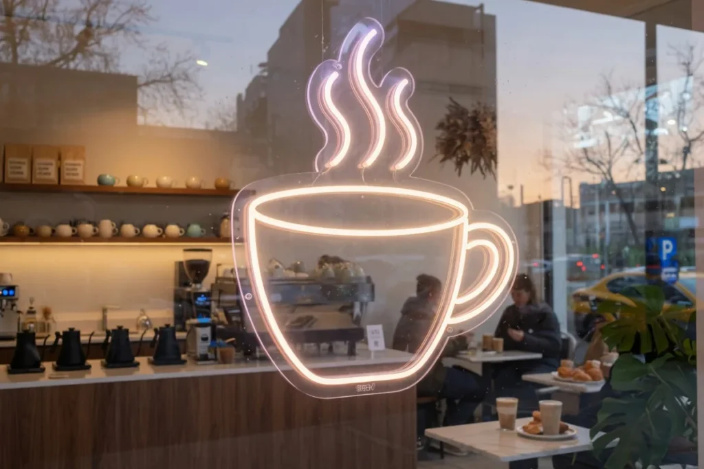 Néon LED tasse de café blanc chaud en vitrine d'un coffee shop