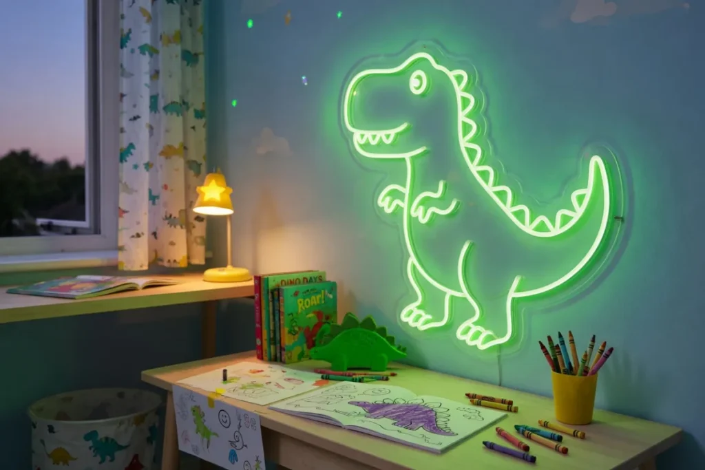 Grønn dinosaur-LED-neon på et barnerom