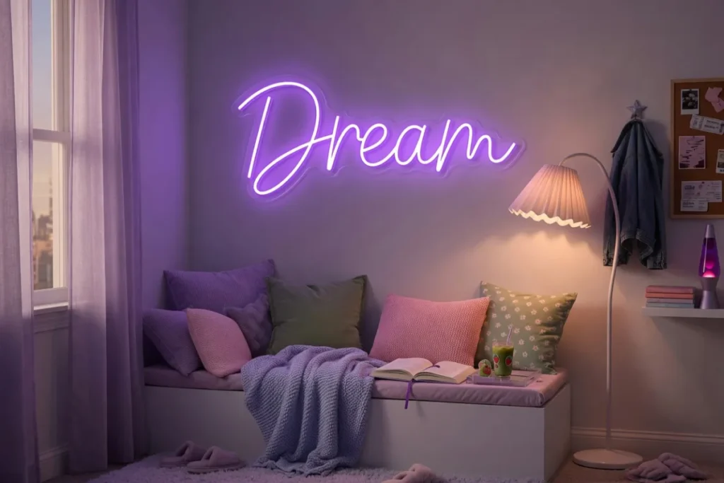 Neon LED Dream viola sopra un angolo lettura