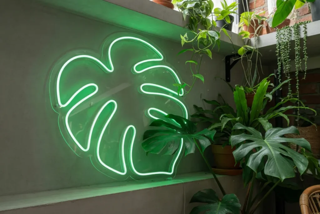 Grönt löv-LED-neon bland krukväxter