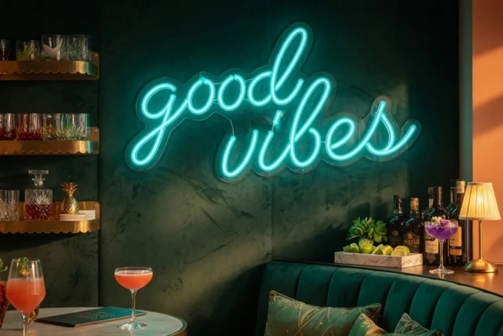 Neon LED good vibes turchese in un lounge bar