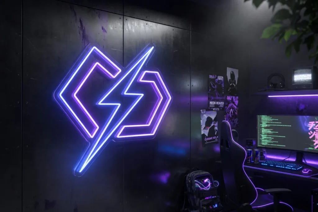 Néon LED style cyberpunk bleu et violet dans une pièce gaming