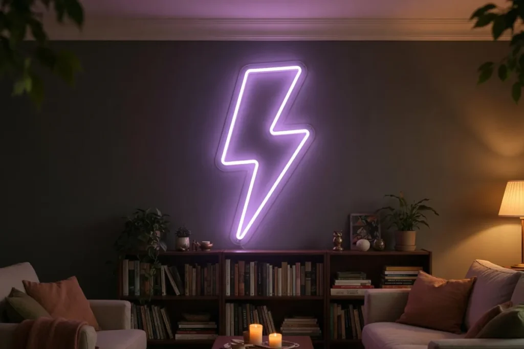 Néon LED éclair en intensité douce le soir dans un salon
