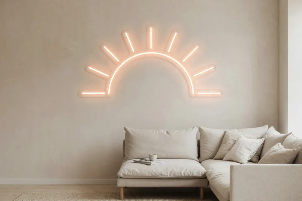 Néon LED minimaliste en trait fin blanc chaud sur mur beige