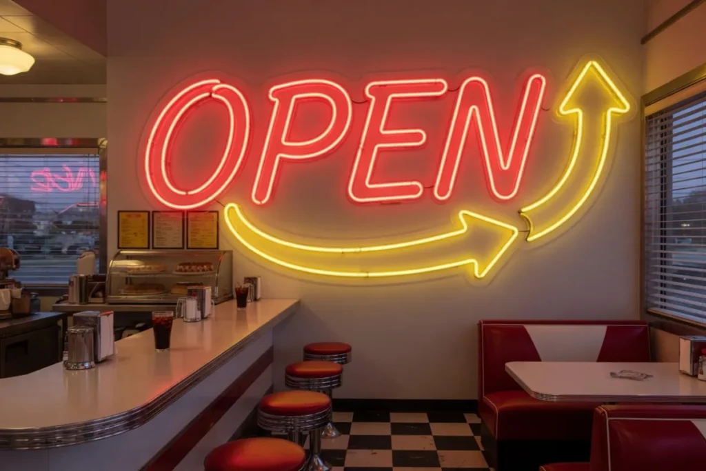 Néon LED rétro américain rouge avec flèche OPEN dans un diner