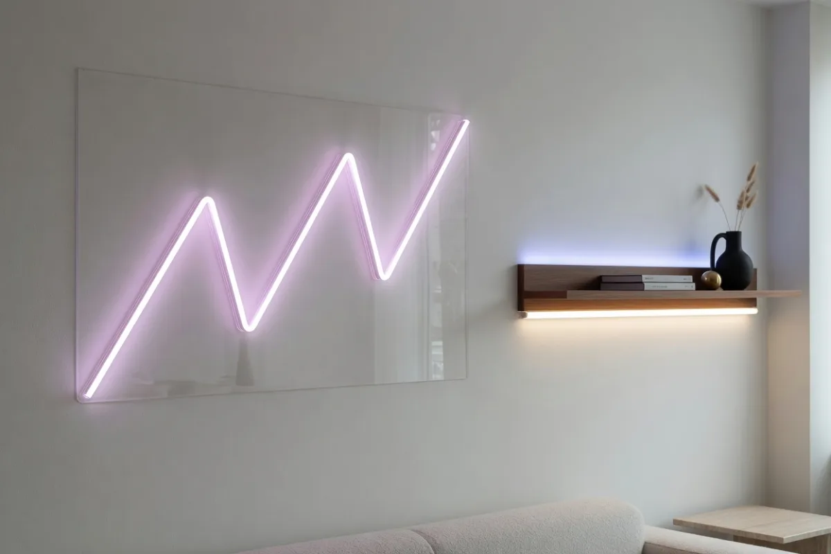 Comparación en la pared: neón LED decorativo frente a tira LED bajo estantería
