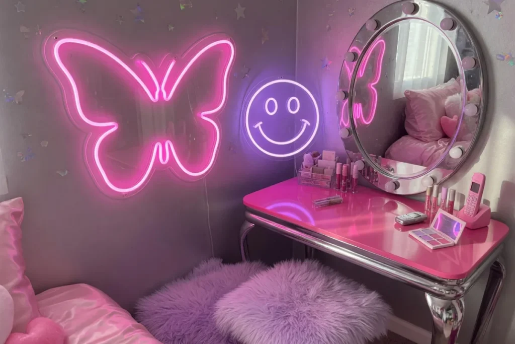 Néon LED papillon rose style Y2K dans une chambre