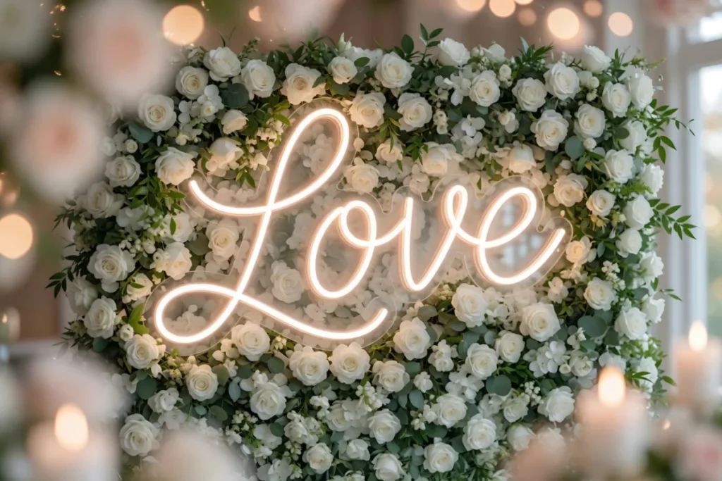 Neon LED LOVE bianco caldo su parete di fiori per un matrimonio