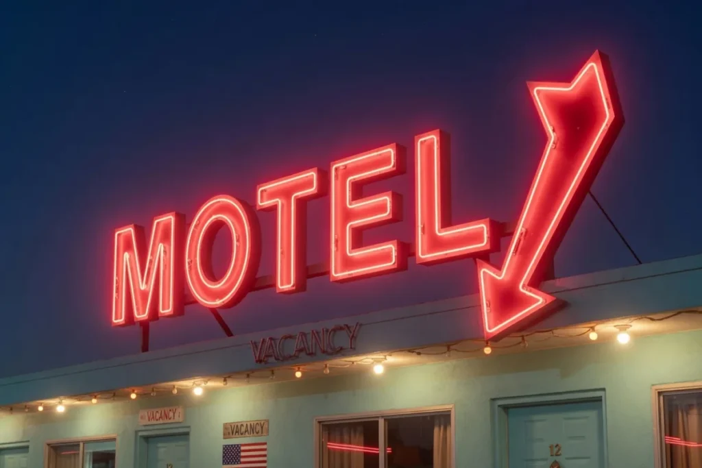 Retro MOTEL-skilt med pil gjenskapt i moderne LED-neon