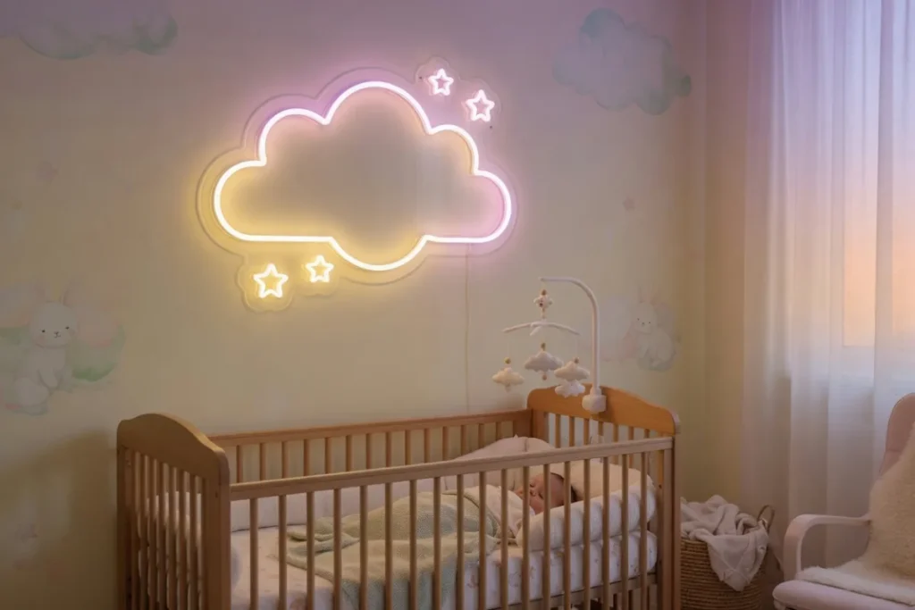 Néon LED nuage et étoiles blanc chaud dans une chambre de bébé