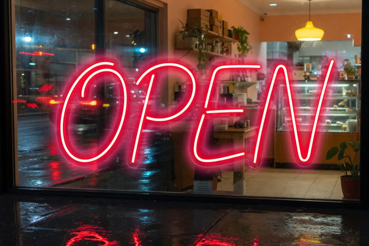Néon LED OPEN rouge dans une vitrine de commerce la nuit