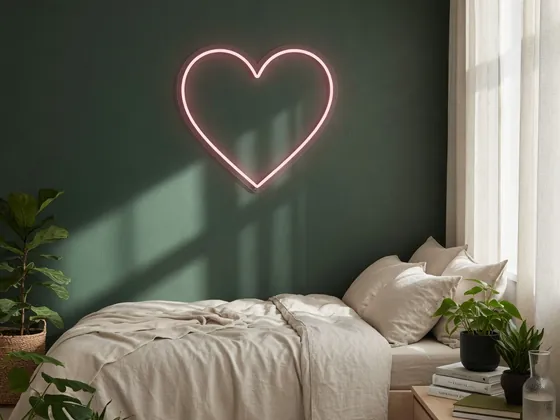 Heart-shaped custom neon above a bed, on a green wall