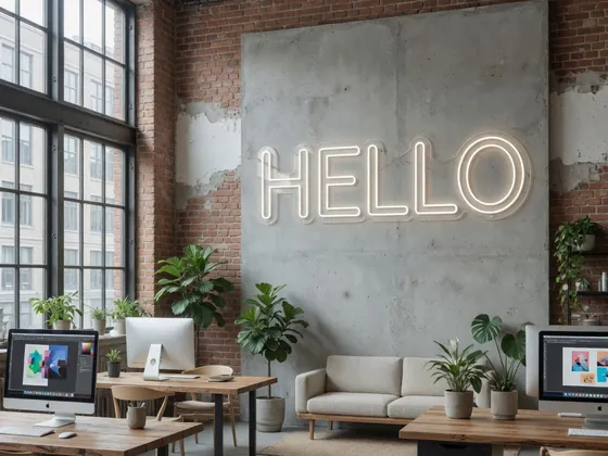 Custom neon “Hello” on the concrete wall of a loft office