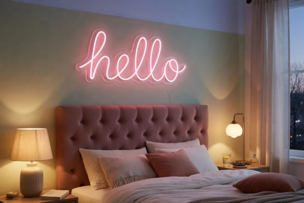 Néon LED personnalisé hello rose au-dessus d'un lit
