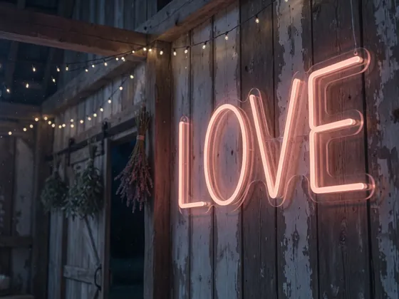 Custom neon “Love” on a wooden wall with fairy lights, event décor