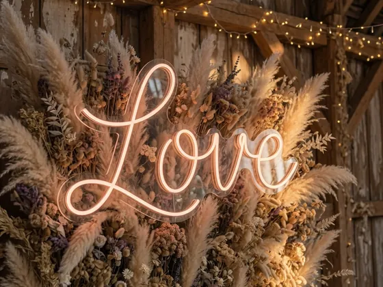 Custom neon “Love” in cursive script in front of a pampas wall, wedding décor