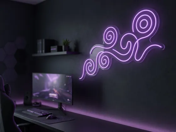 Purple custom neon above a gaming setup