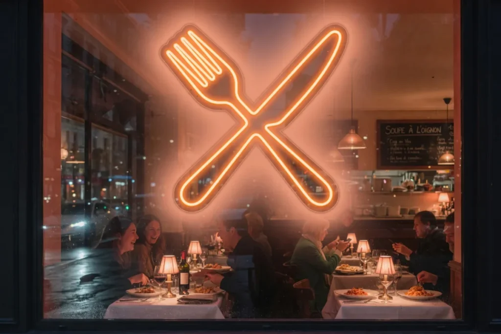 Néon LED fourchette et couteau orange en vitrine de restaurant