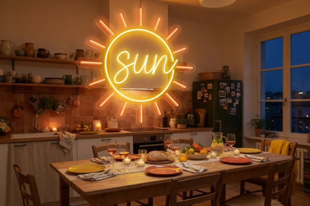 Orange och gul sol-LED-neon ovanför ett festligt matbord