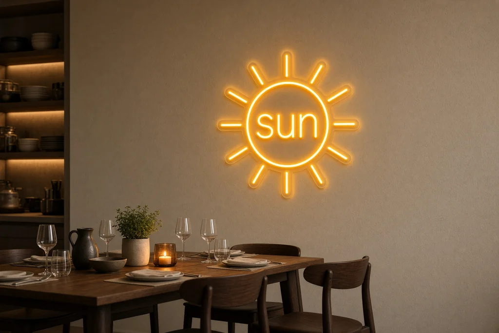 Orange-gelbes Sonnen-LED-Neon über einem geselligen Esstisch