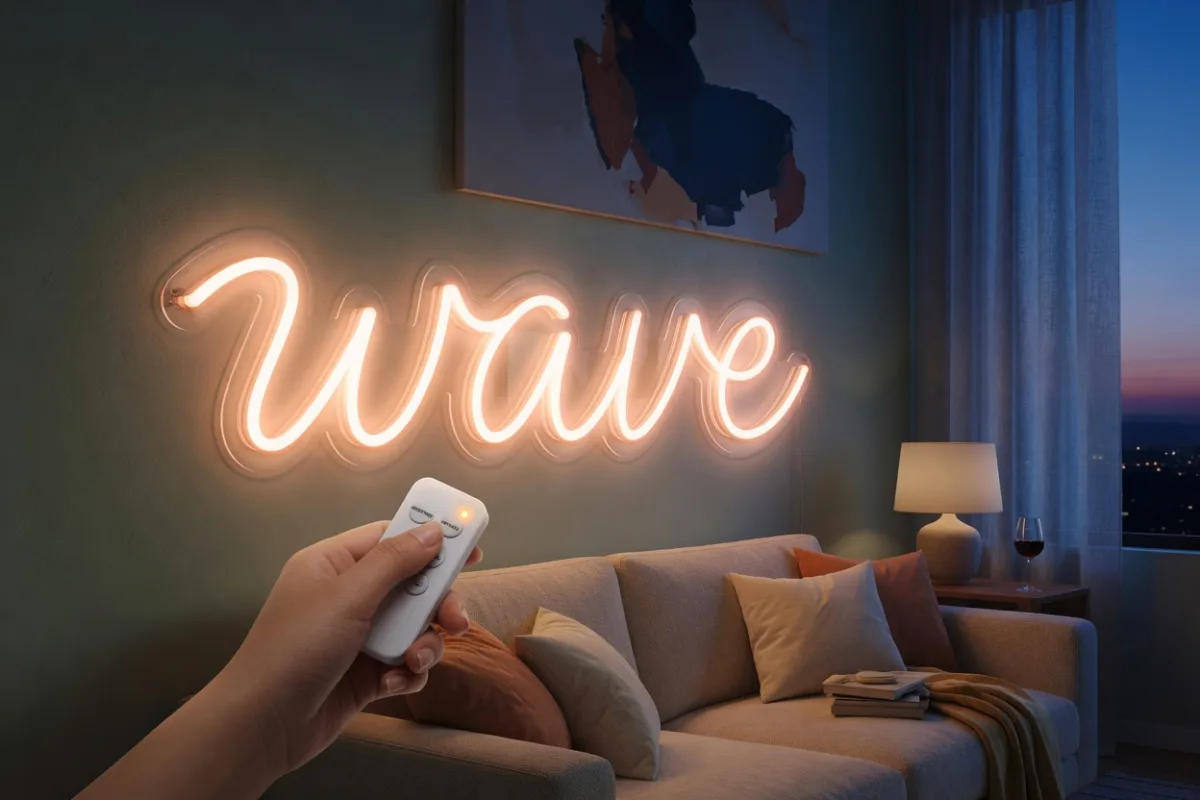 Variateur en main réglant la luminosité d'un néon LED au salon