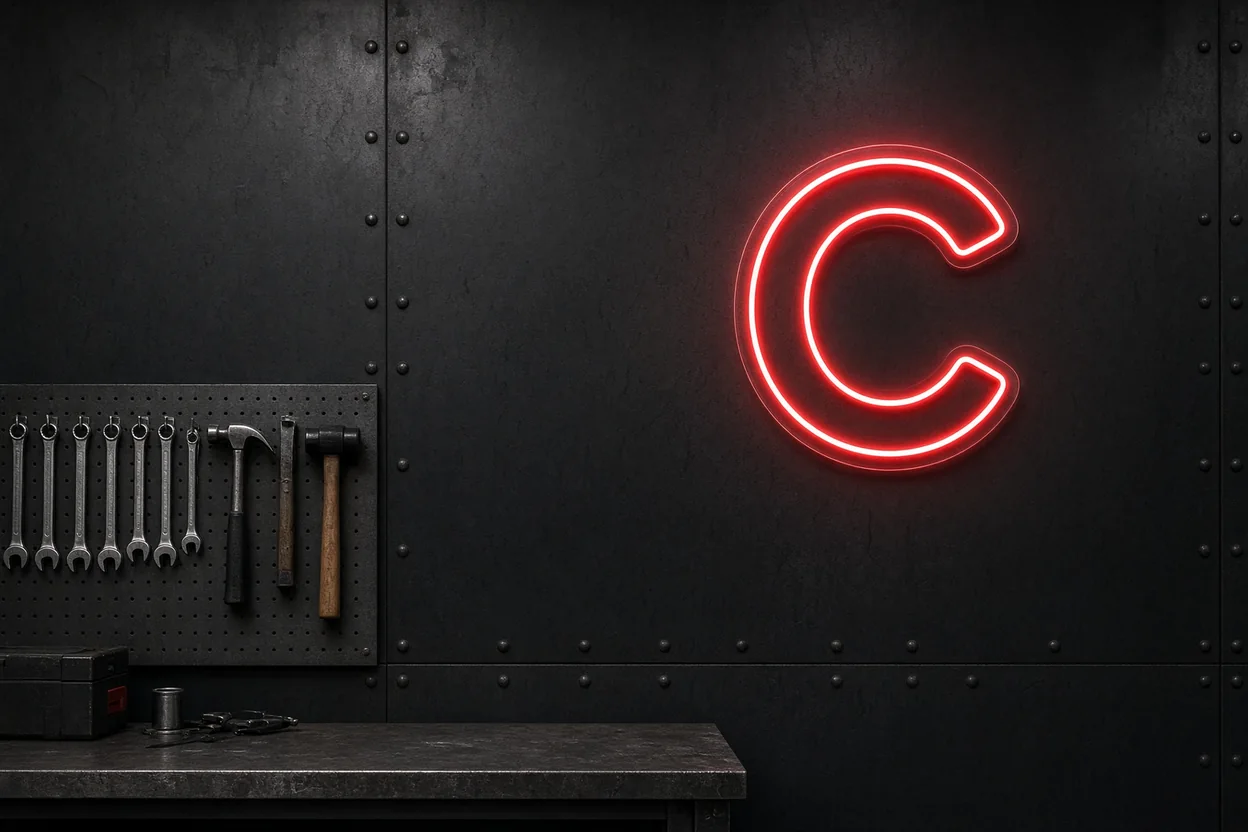 Rotes Neon als offener Kreis an einer genieteten schwarzen Blechwand in einer Garagenwerkstatt