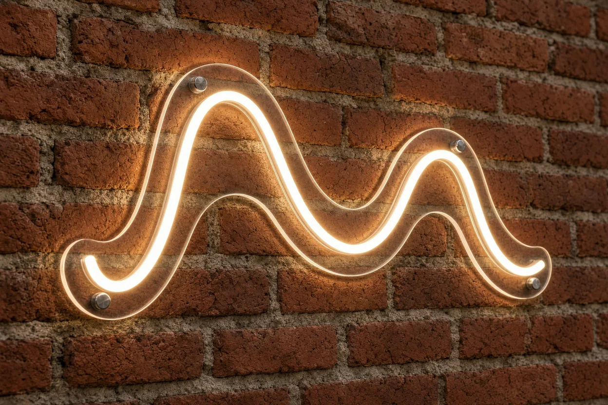 Montage eines Neons an einer Ziegelwand: verschraubte Acrylplatte, sichtbare Dübel, von der Textur gestreutes Leuchten